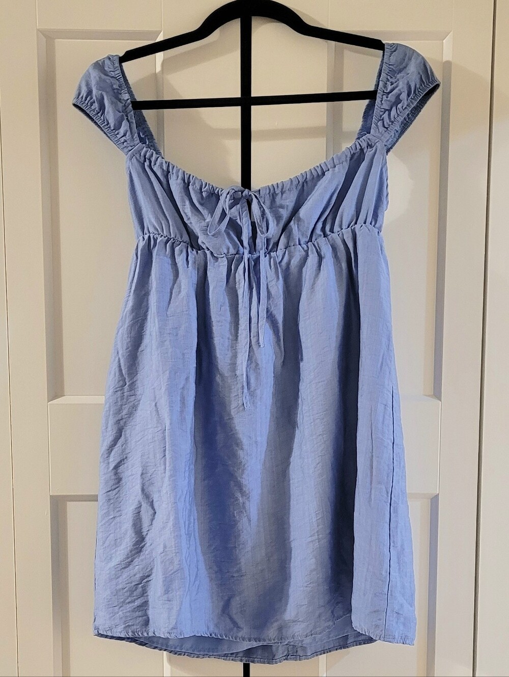 Sky Blue Cap-Sleeved Babydoll Dress with Tie Front